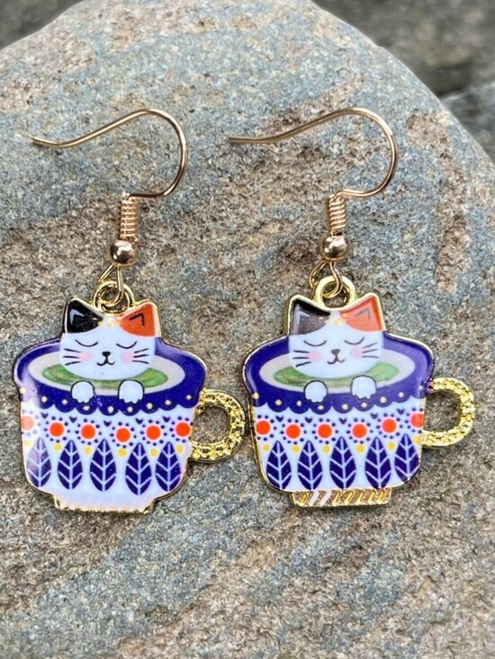 Artisan Jewelry - Coffee Cup Kitten Enamel Drop Earrings Colorful | Handmade